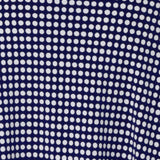 Swatch image of fabric used to create a collection of woman's workwear clothing, crafted in Australia by Leina & Fleur and stocked in sizes 8-24. The Polka Dot print is a white spot print on a navy dry-touch jersey base. The fabric has a soft full body stretch. 