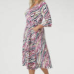 his versatile wrap dress features a functioning wrap style with waist ties for an adjustable fit. The double-layer back bodice provides added structure, while the 3/4 length fluted sleeves below the elbow bring a romantic, feminine flair. 