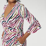 The striking Rainbow Zebra print, featuring shades of pink, taupe, and navy, adds a vibrant and unique touch to the design. Featuring a fluted sleeve design that ads subtle drama. Available in sizes 8-24.