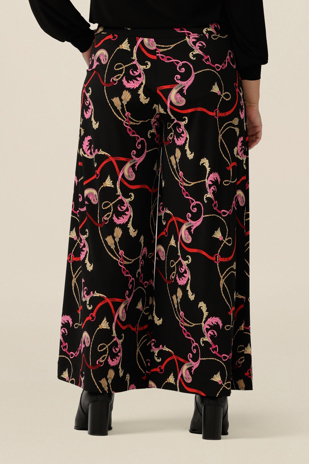 Back view of wide leg pull-on pants in navy stretch jersey. Comfortable pants for work and casual wear, these cropped trousers are made in Australia by women's clothing brand, Leina & Fleur.