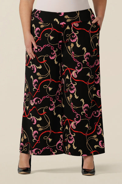 Wide leg pull-on pants in rococo Tassel print stretch jersey. Comfortable pants for work and casual wear, these cropped trousers are made in Australia by women's clothing brand, Leina & Fleur.