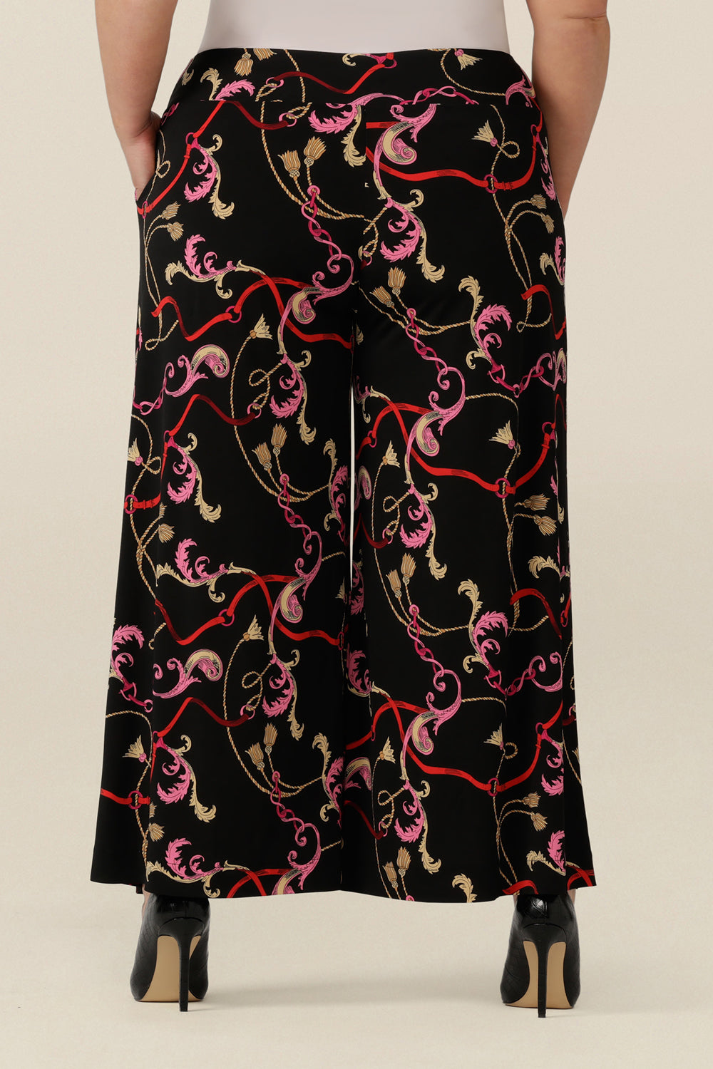 Back view of wide leg pull-on pants in rococo Tassel print stretch jersey. Comfortable pants for work and casual wear, these cropped trousers are made in Australia by women's clothing brand, Leina & Fleur.