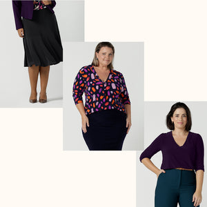 Showing travel capsule wardrobe ideas for long weekend getaways by Australian and New Zealand women's fashion label, Leina & Fleur. Image 1 shows a charcoal grey midi skirt with ruffle hemline. Image 2 shows a V-neck tailored top with 3/4 sleeves in a colourful print. Image 3 shows a 3/4 sleeve, V-neck top in amethyst purple.