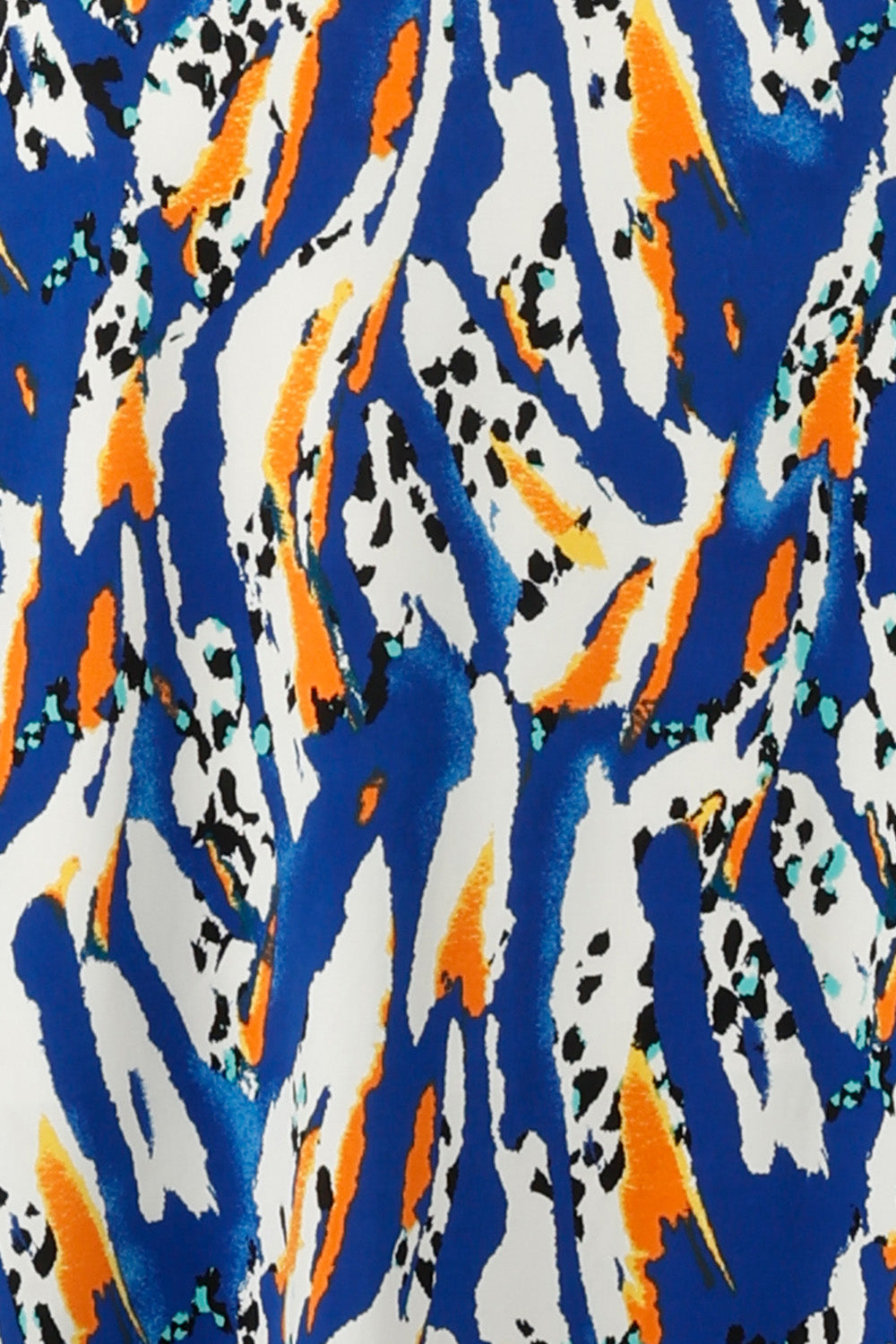 swatch of Australian and New Zealand fashion label L&F's Rockmelon Slinky jersey fabric. An abstract pattern of cobalt, orange, white and yellow used to make women's casual tops and dresses.