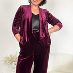 Stylist Rosalinda wears Romy Fluid Jacket in Wine Velour with soho cami in and Soren pant in Wine Velour as a casual suit set.