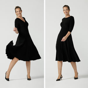 A reversible dress to solve your travel capsule wardrobe dilemmas. By Australian and New Zealand women's fashion label Leina & fleur, the petite reversible dress in black is shown with a V-neck and boat neck dress options. 