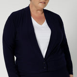 Comfortable workwear jacket/ cardigan hybrid was designed to ease into the cooler months with style & comfort. Australian made from stretchy dry touch jersey fabric. Made in Australia by fashion brand Leina & Fleur in sizes 8-24.