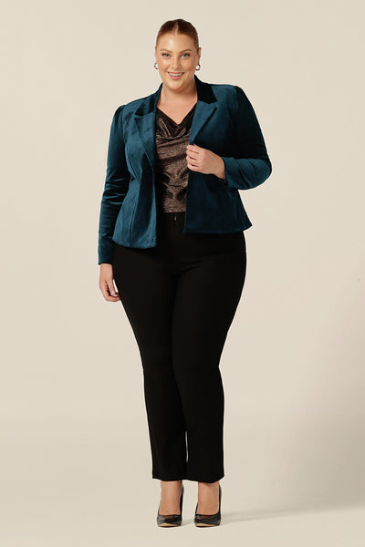 With the feel of a velvet jacket, this luxe Velveteen tailored jacket in petrol green is a great occasion and eveningwear jacket. Worn with a sparkly jersey top and slim leg black evening pants, this  after 5 jacket is a sophisticated jacket for weddings, cocktail parties and many more occasions!