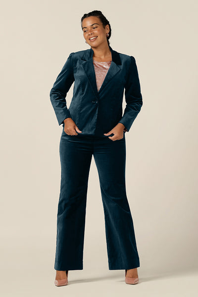 Vintage-inspired suiting, the Sasha Jacket in Petrol Velveteen blends seventies velvet suiting with Tom Ford velvet jacket luxury to create this stylish eveningwear suit. Worn with flared leg Velveteen pants in petrol green, and a sparkly pink top, this jacket is a great alternative to the cocktail dress for special events, occasionwear and eveningwear style.