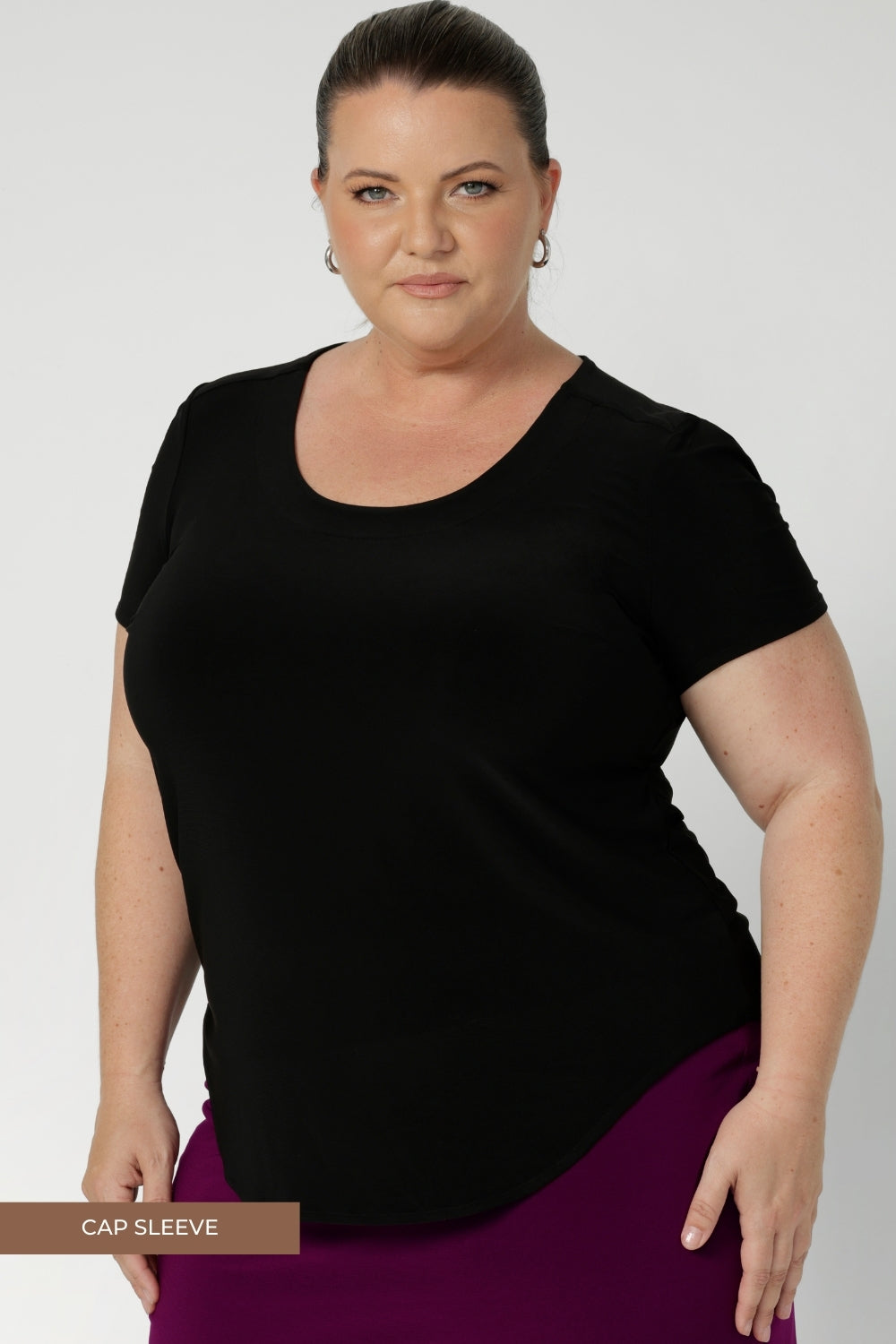 Available for pre-order. Woman's workwear top is a sustainable, Australian-made option. Ensuring that your workwear purchases are both ethical. Choose from 3 sleeve lengths: short cap sleeve, elbow length sleeve and 3/4 length sleeve top. 