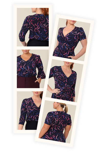 snapshot images of Australian fashion brand, Leina & Fleur's new pink and blue print on navy jersey fabric. The images show petite and tall curvy women in dresses and workwear tops. 