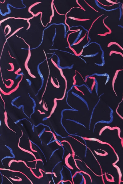 A navy and pink abstract print jersey fabric swatch used by Australian-made women's clothing brand, L&F to make a women's workwear tops, pants and dresses.