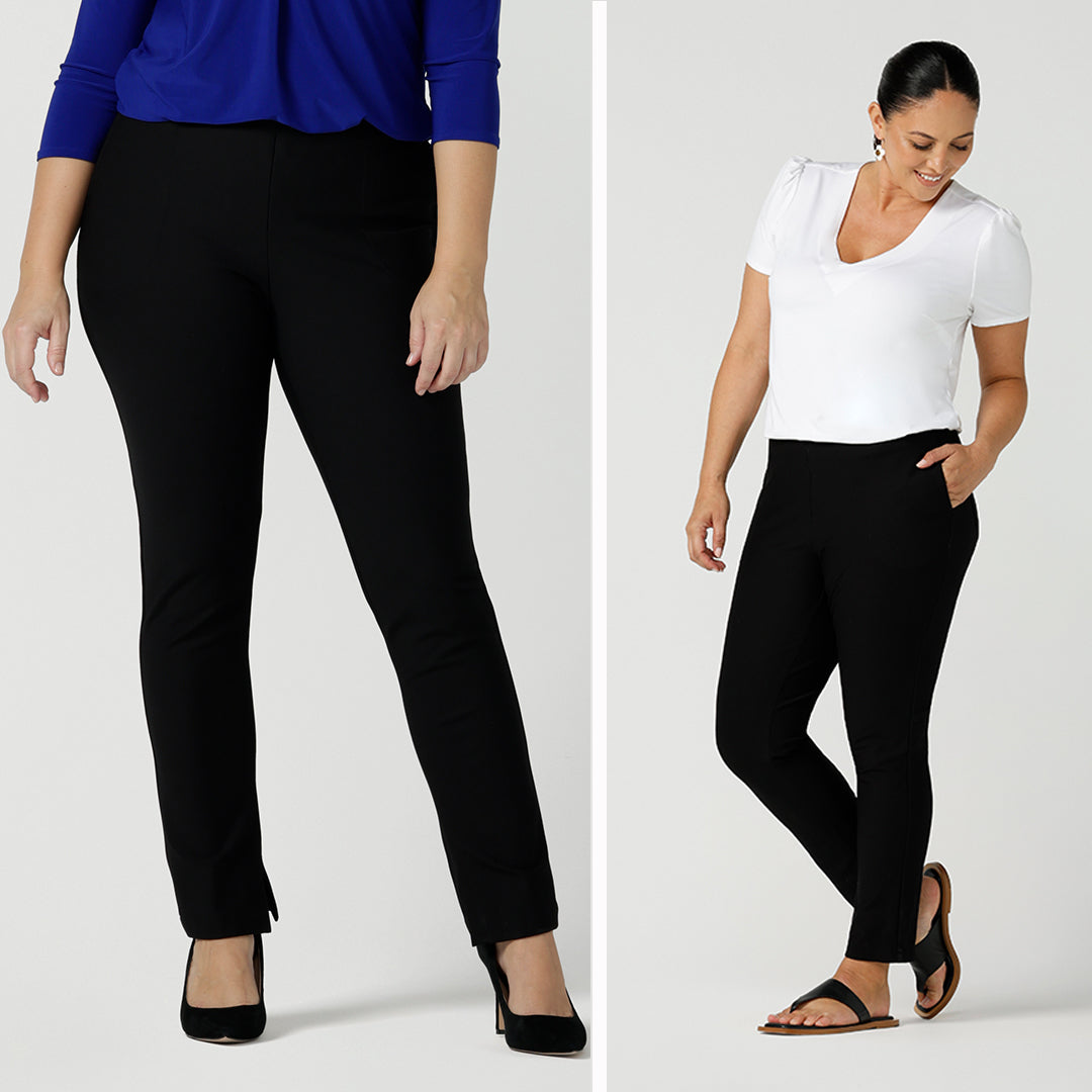 Showing slim leg black work pants for petite height and regular height women, the image showcases two pairs of black pants by women's clothing label, Leina & Fleur. Pant one is a full length, black slim leg pant with stretch. Pant 2 is a cropped length, slim leg trouser for petite women, worn with a white bamboo jersey t-shirt top. Both work pants and tops are made in Australia by Australian and New Zealand women's clothes brand, Leina & Fleur.