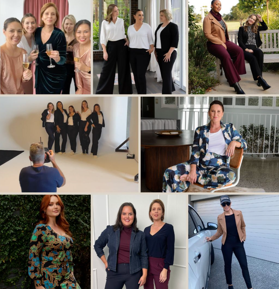 Images showing the inclusive pro-age, curve and plus size fashion community at Australian fashion brand Leina & Fleur. Image 1 shows occasionwear and cocktail dresses on 5 different age and dress size women. Images 2,3 &4 show women's workwear and denim clothing for plus size as well as petite size women. Image 5 is brand director, Fleur Richardson in an eco-conscious floral print suit. The last images show  made in Australia clothing for 40 & 50 plus women.