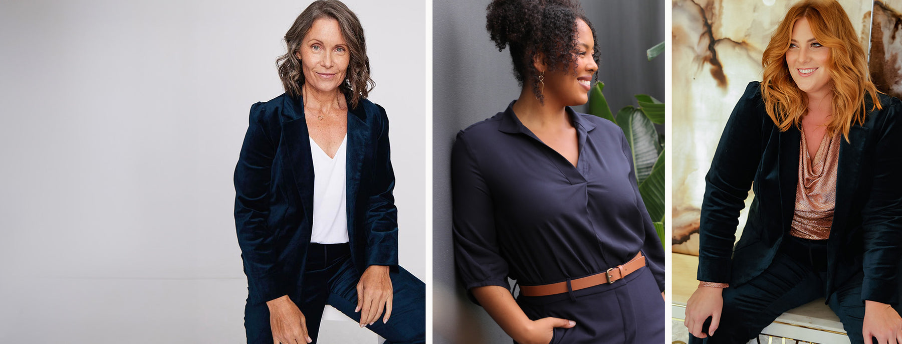 Highlighting Australian fashion brand, Leina & Fleur's inclusive clothing range, three women are pictured. Woman 1 is a 50 plus woman in velvet cocktail suit and white t-shirt top. Woman 2 is a size 18 woman wearing plus workwear shirt and navy trousers. Woman 3 is a curvy size 18 woman wearing a plus size velvet pant suit and shimmer top.