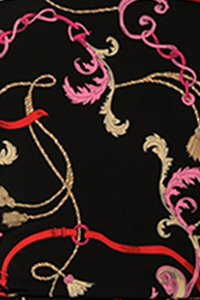 A fabric swatch of Tassel print on dry touch jersey fabric used by Australian and New Zealand fashion brand, Leina & Fleur to make wide leg plus size pants for women.