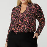 Front view of a size 18 of the Thom in a size 10 is a tick neckline style in comfortable jersey. Made in Australia for women size 8 - 24. Styled back with a black Brooklyn pant.