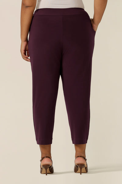 Back view of tapered leg, dropped crotch pants in stretch jersey, size 18,  by Australian and New Zealand women's clothing label, L&F