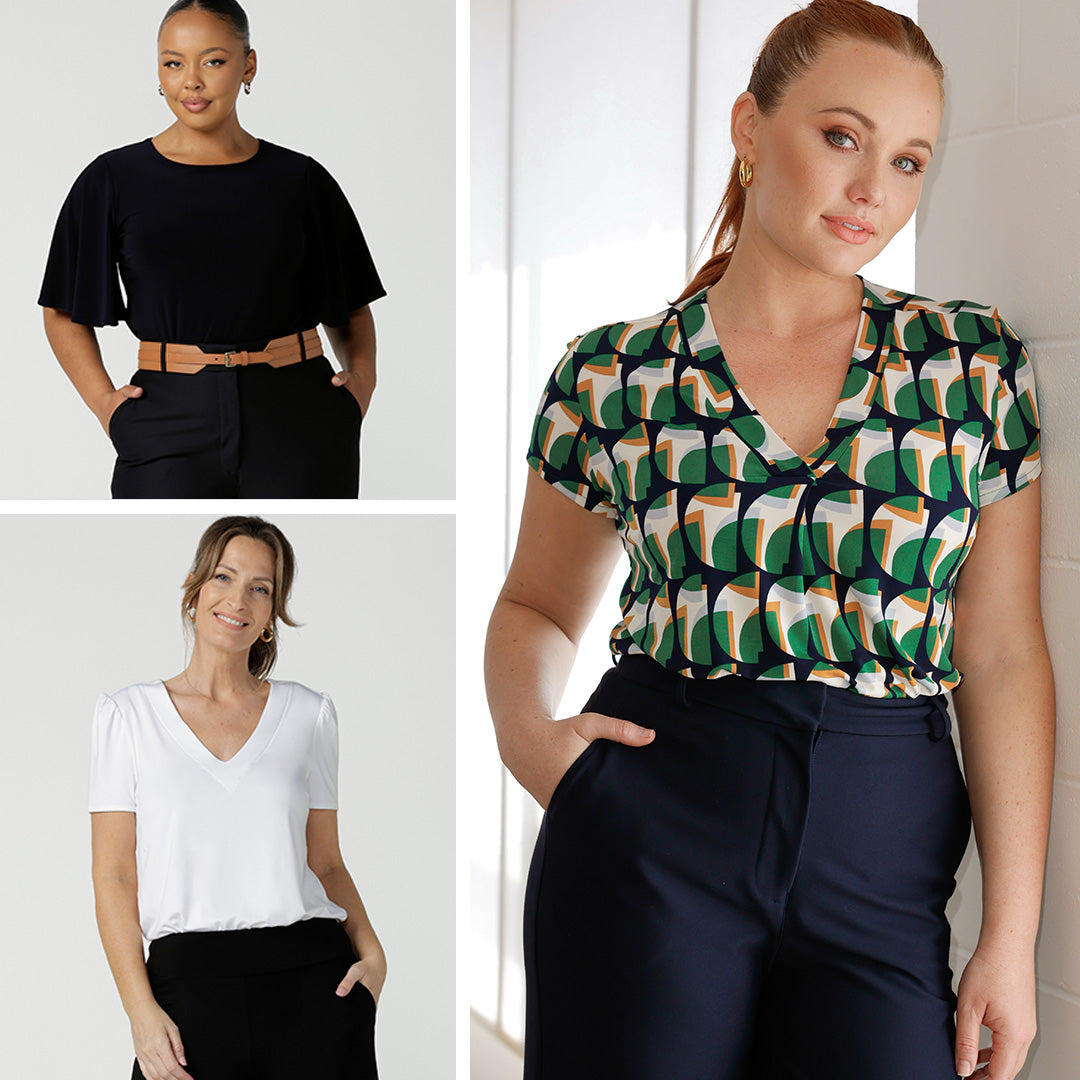 3 of the best investment tops are shownon 3 different women. Woman 1 wears a high neck, navy blue top with flutter sleeves. Woman 2 wears a short sleeve V-neck top with geometric print. Woman 3 wears a short sleeve, V-neck T-shirt top in white bamboo jersey.