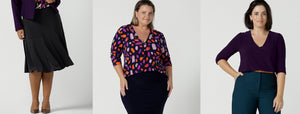 Showing travel capsule wardrobe ideas with colour and print by Australian and New Zealand women's clothing brand, Leina & Fleur. Image 1 shows a charcoal grey midi skirt with ruffle hemline. Image 2 shows a V-neck tailored top with 3/4 sleeves in a colourful print. Image 3 shows a 3/4 sleeve, V-neck top in amethyst purple.