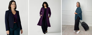 good jackets and coats for travel by Australian and New Zealand women's clothing brand Leina & Fleur. Image one shows a petrol green, open front work jacket. Image 2 shows an amethyst purple trenchcoat in soft modal jersey. Images 3 show a petrol green, bamboo jersey poncho.