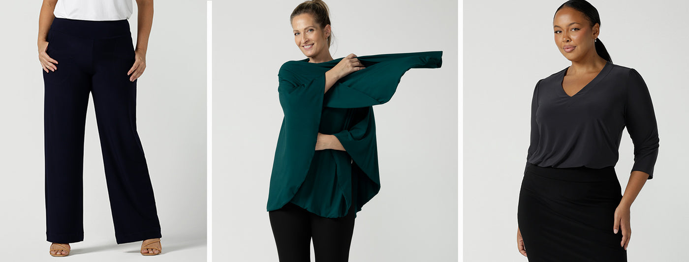 Showing travel clothing essentials for women, 3 images show travel capsule wardrobe ideas by Australian and New Zealand clothing brand, Leina & Fleur. Image one shows black, wide leg pants in stretchy jersey. Image 2 shows a bamboo jersey poncho wrap in petrol green. Image 3 shows a 3/4 sleeve, V-neck top in Charcoal grey. 