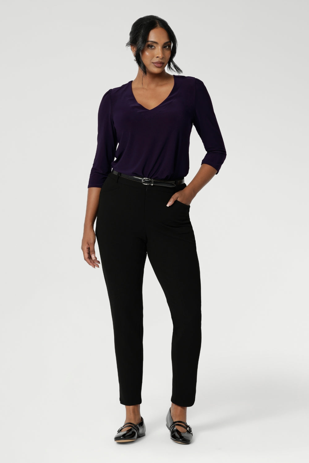 Made in Australia by Australian and New Zealand women's clothes brand, Leina & Fleur. A V-neck top with 3/4 sleeves on a purple jersey base that is easy-care and a wardrobe go to. Wear this top with workwear separates as an office top or dress down with casual pants as a comfortable top for the weekend. 