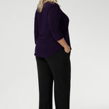 The Vida Top in Amethyst! A V-neck top with 3/4 sleeves, this purple jersey top is is easy to wear and easy-care. Wear this top with workwear separates as an office top or dress down with casual pants as a comfortable top for the weekend. Made in Australia by Australian and New Zealand women's clothes brand, Leina & Fleur. 