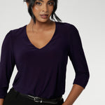 The Vida Top in Amethyst! A V-neck top with 3/4 sleeves, this purple jersey top is is easy to wear and easy-care. Wear this top with workwear separates as an office top or dress down with casual pants as a comfortable top for the weekend. Made in Australia by Australian and New Zealand women's clothes brand, Leina & Fleur. 