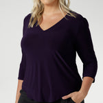 The Vida Top in Amethyst! A V-neck top with 3/4 sleeves, this purple jersey top is is easy to wear and easy-care. Wear this top with workwear separates as an office top or dress down with casual pants as a comfortable top for the weekend. Made in Australia by Australian and New Zealand women's clothes brand, Leina & Fleur. 