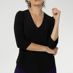V-neckline and 3/4 sleeved top. Comfortable dry touch jersey top for corporate workwear to weekend. Made in Australia for women sizes 8-24.