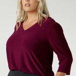 Available in sizes 8-24, the Vida Top in Ruby is designed to fit a range of body types, ensuring a flattering and comfortable fit for every woman. Australian made top is available in sizes 8-24.