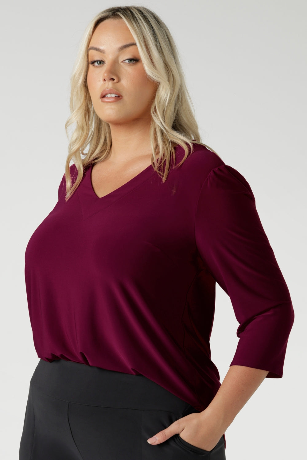 Available in sizes 8-24, the Vida Top in Ruby is designed to fit a range of body types, ensuring a flattering and comfortable fit for every woman. Australian made top is available in sizes 8-24.