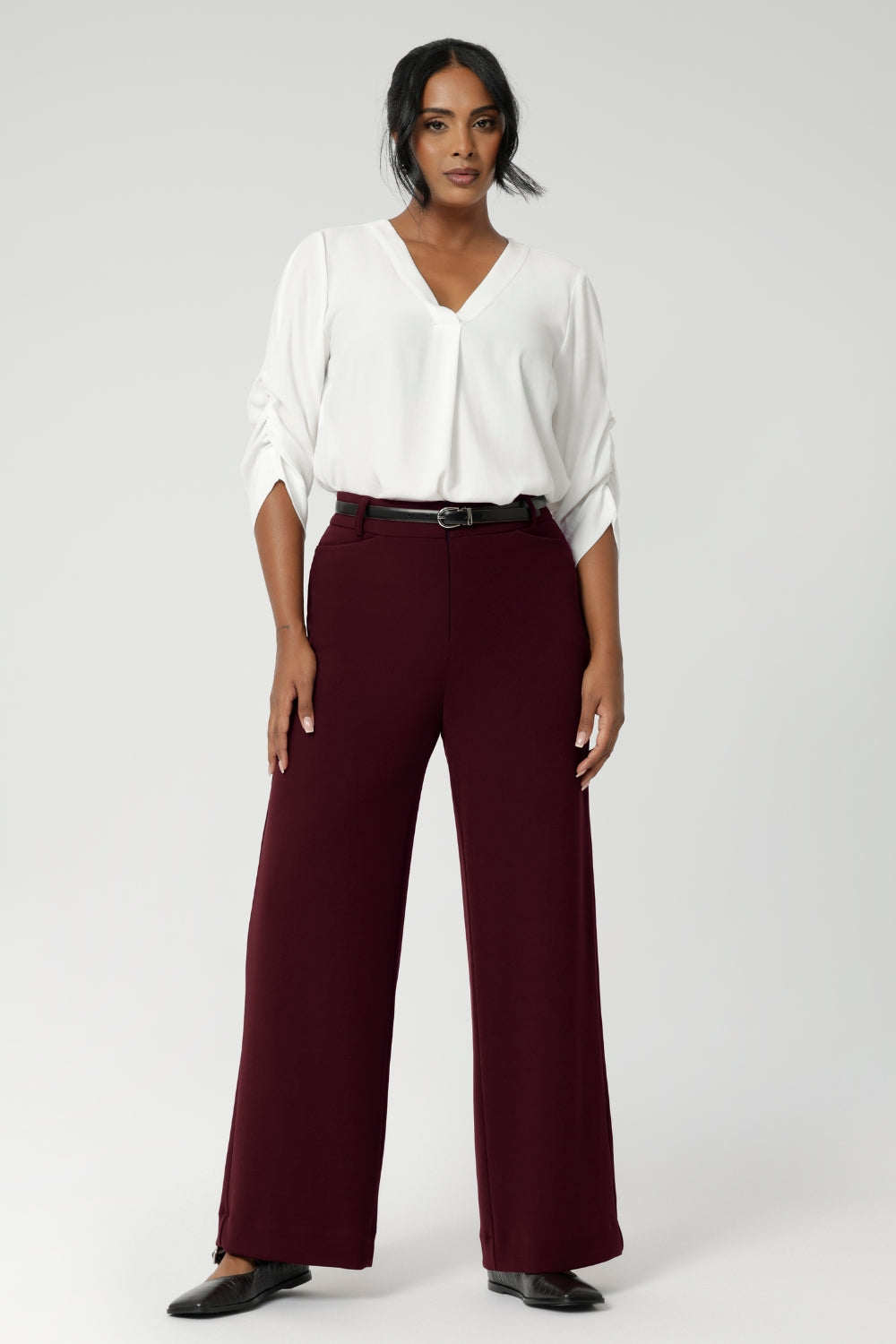 High waisted workwear pants for woman. Feature a straight leg cut that styles beautifully with blouses tucked in and belt for a high styled look. Pair it with the Merit Blazer for modern stretch suiting at its best.
