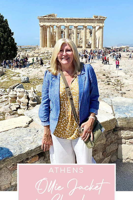 Loyal customer of Australian and New Zealand women's clothing label, L&F, Susan wears her chambray, denim-look blazer-style jacket in Greece, as part of her guide on what clothes to pack for your travel holiday.