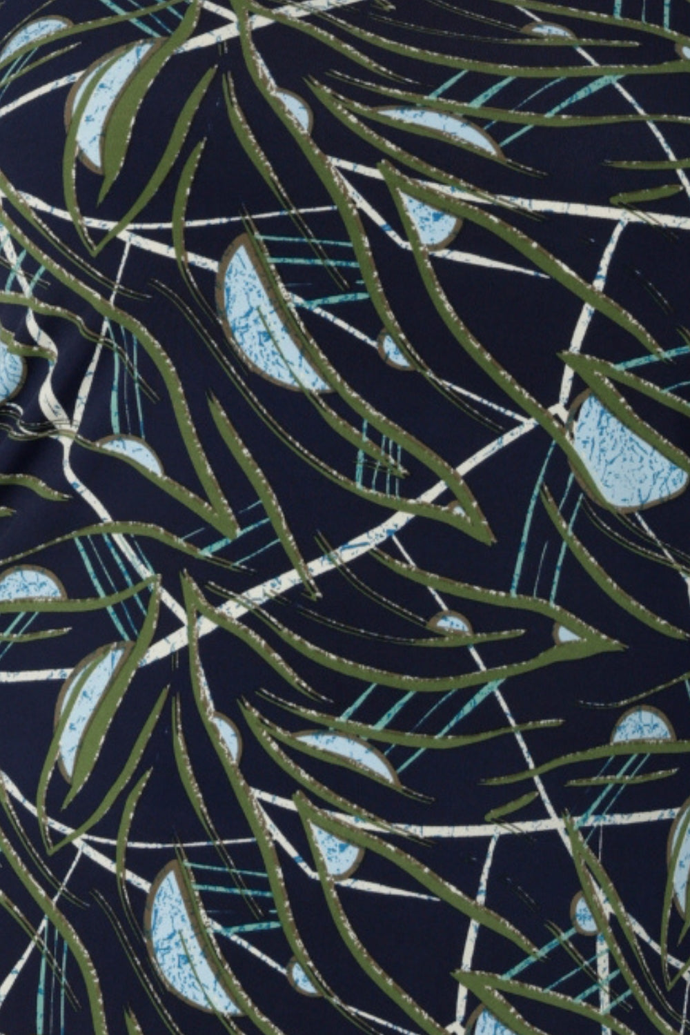 Swatch Image of Willow print used to craft a scoop neckline woman's workwear top. The Willow print is is on a navy Dry Touch Jersey base with an abstract pattern in shades of light blue, olive green and ivory. This fabric has soft stretch and is available for pre order in sizes 8-24.