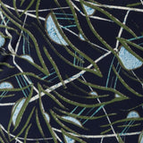 Swatch Image of Willow print used to craft a scoop neckline woman's workwear top. The Willow print is is on a navy Dry Touch Jersey base with an abstract pattern in shades of light blue, olive green and ivory. This fabric has soft stretch and is available for pre order in sizes 8-24.