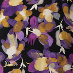 Image swatch of the Winterly Print 
proudly designed and made in Australia, this piece showcases a stunning painterly-style floral print with rich purples and soft yellow hues that bring any outfit to life. Used by Australian designed brand to create a collection of women's clothing, featuring pants, tops, and dresses. Available in sizes 8-24. 