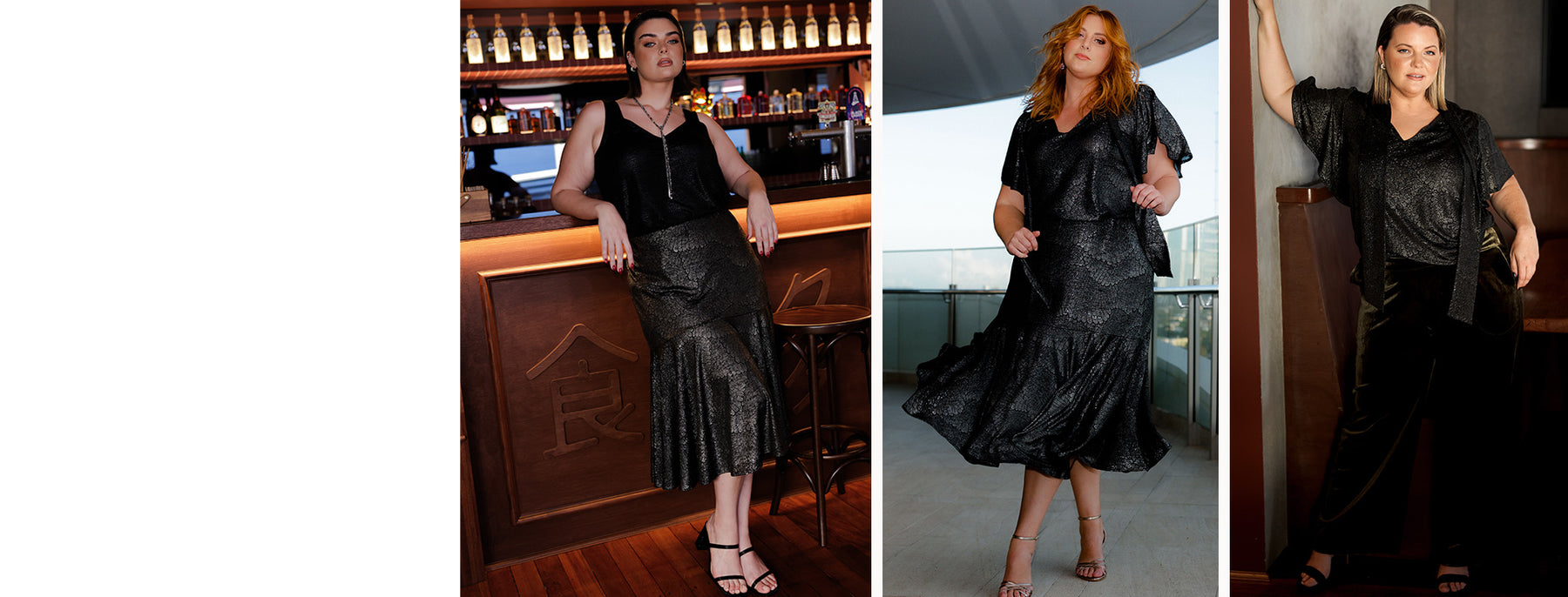 Showing how a metallic foil print evening top and foil skirt can be styled together as a faux dress for cocktail wear and separately for 3-in-1 party outfit - great for Christmas party outfits! 