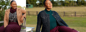 Layering up for winter, a woman wears polo neck tops and jackets for smart and casual winter layering looks.