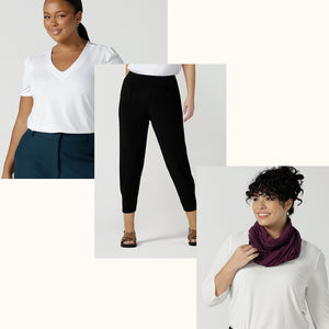 Showing women's travel capsule wardrobe essentials by Australian and New Zealand women's fashion brand, Leina & Fleur. Image 1 shows black, tapered leg pants in stretch jersey. Image 2 shows a white bamboo jersey, short sleeve top for plus sizes. Image 3 shows a bamboo jersey infinity scarf in Mulberry red.
