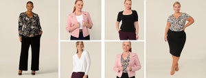 Capsule wardrobe workwear clothing for business travel. Capsule wardrobe 1 includes a long sleeve wrap top and straight wide leg black pants, a blush pink work jacket and white bamboo jersey top. Capsule wardrobe 2: Black tube skirt, printed cowl neck top and blush pink work jacket.
