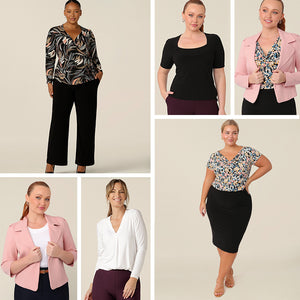 Capsule wardrobe workwear clothing for business travel. Capsule wardrobe 1 includes an Australian-made long sleeve wrap top and straight wide leg black pants, a blush pink work jacket and white bamboo jersey top. Capsule wardrobe 2: Black tube skirt, printed cowl neck top and blush pink work jacket, all made in Australia.
