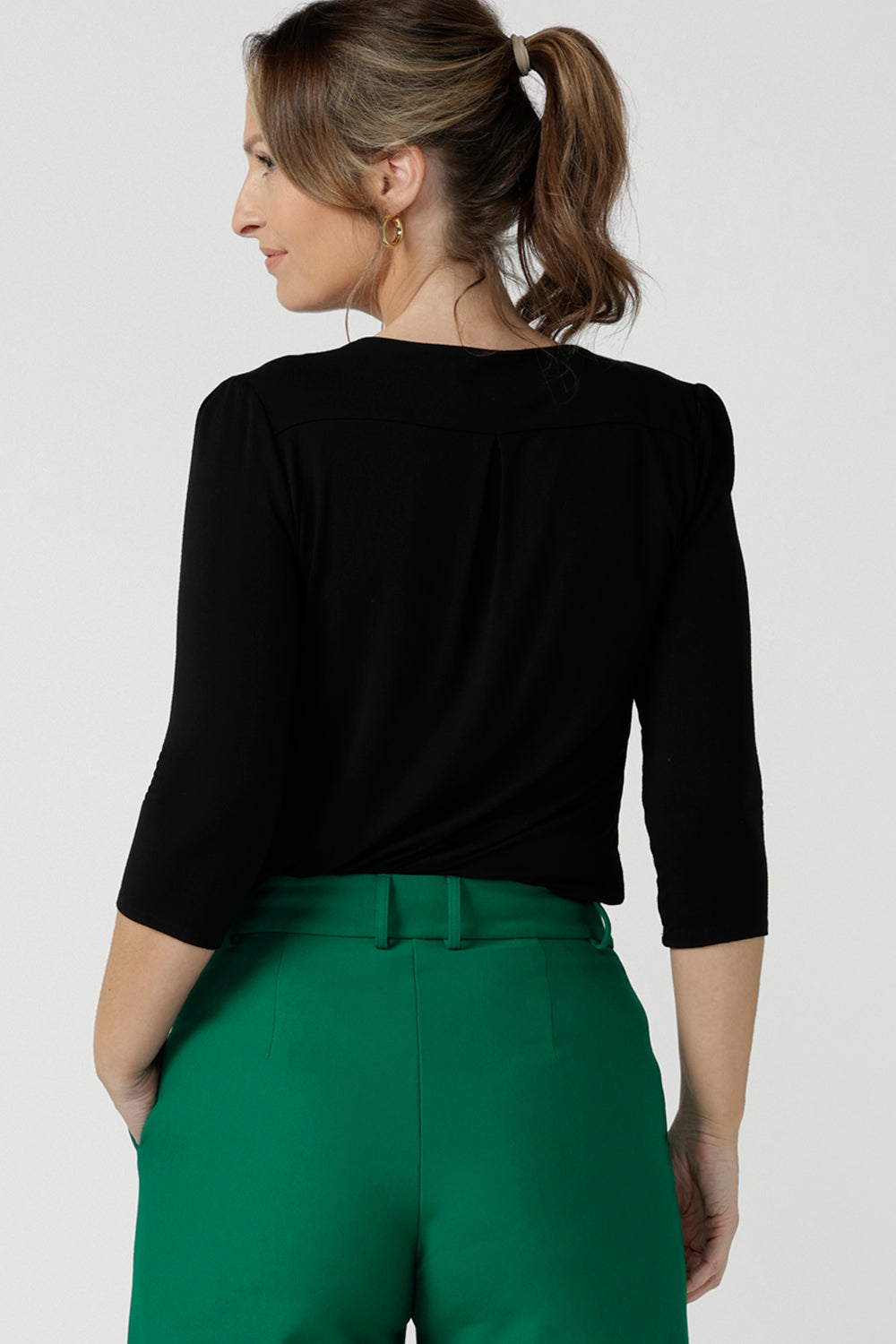 Back view of an elegant top for work and casual wear, this scoop neck, 3/4 sleeve top in black bamboo jersey is made in Australia by Australian and New Zealand women's clothing brand, Leina & Fleur. Shop comfortable work tops online in petite, mid size and plus sizes.