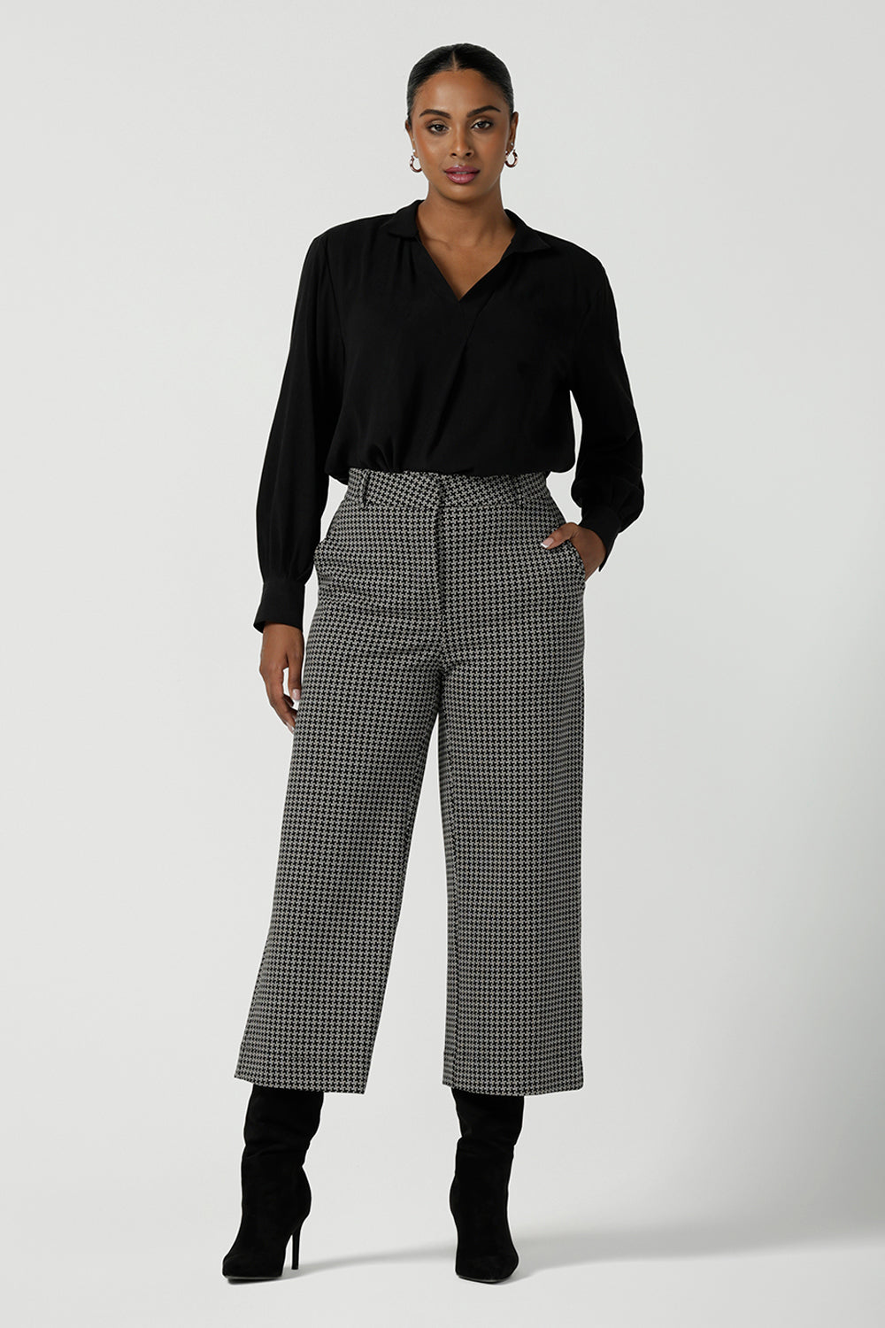 A size 10 woman wears the Raleigh in Jacquard. Styled back with the Ellis Shirt in Black Tencel. A textured ponte suit set. Made in Australia for women size 8-24