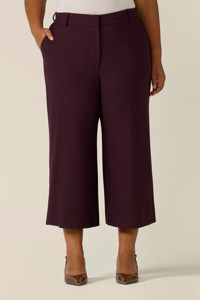 Wide leg, cropped length, tailored pants in Mulberry ponte jersey, size 18. Made in Australia by Australian and New Zealand women's clothing label, L&F, these easy care pants work for corporate wear and weekend wear