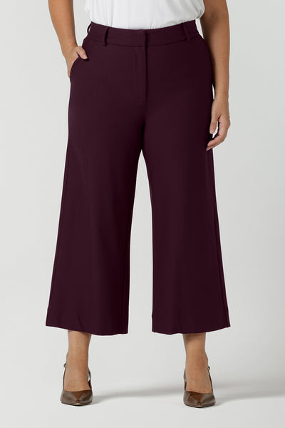 Close up of size 12 Yael Pant in Mulberry. High waist tailored pant with pockets and fly front. Comfortable corporate work pants. Made in Australia for women size 8 to 24.