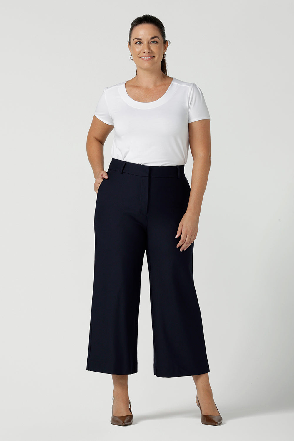 Yael Pant in Navy Ponte. Tailored high waist pants with pockets and front zip. Cropped culotte length and styled back with white bamboo top. Made in Australia for women size 8 - 24.