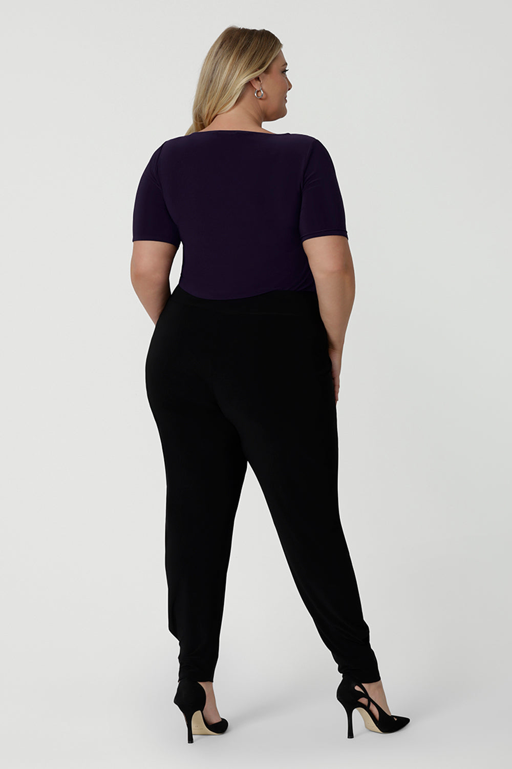 Back view of a good work top for plus size women, this is a boat neck top in amethyst jersey. Full of stretch this comfortable, short sleeve top is easy to wear and easy-care. Made in Australia by Australian and New Zealand women's clothes brand, Leina & Fleur, shop tops for petite to plus size women online.