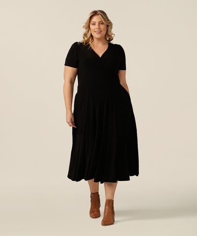 The Ultimate Little Black Dress, the Mavis Dress is a fixed-wrap style with full calf-length skirt that will add glamour to your evening or occasionwear wardrobe. Designed and made in Australia by fit experts L&F for plus size women, petite sizes and fashion-conscious women who respect eco-friendly, slow fashion.